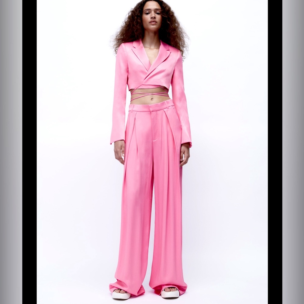 Zara pink satin wrapped cropped blazer